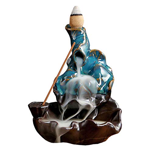 Quemador de incienso de reflujo para conos de incienso, soporte de incienso de cerámica con 10 conos de incienso de reflujo para decoración del hogar de porcelana (azul 9 x 9 x 11,5 cm)