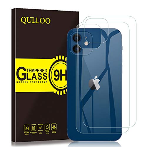 QULLOO Protector de Pantalla Trasera para iPhone 12, [2 Piezas] 9H Dureza Anti-Huellas Cristal Templado Trasera de Vidrio para iPhone 12