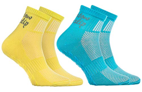 Rainbow Socks - Niño Niña Deporte Calcetines Antideslizantes ABS de Algodón - 2 Pares - Turquesa Amarillo - Talla 30-35