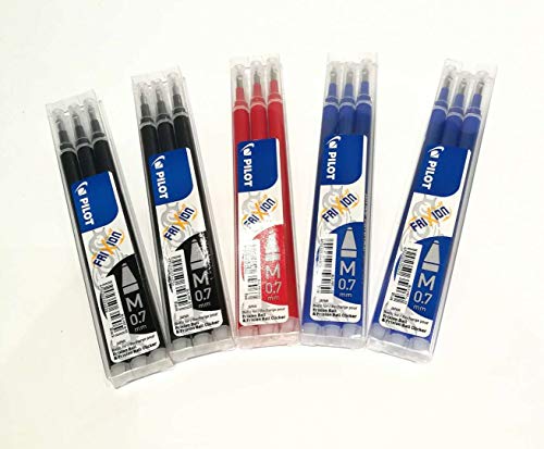 Recambios Pilot Frixion Ball Clicker de 0,7 mm, colores surtidos: negro, azul y rojo, 5 paquetes de 3 unidades Recambios Pilot Frixion Ball Clicker de 0,7 mm, colores surtidos: negro, azul y rojo, 5 paquetes de 3 unidades