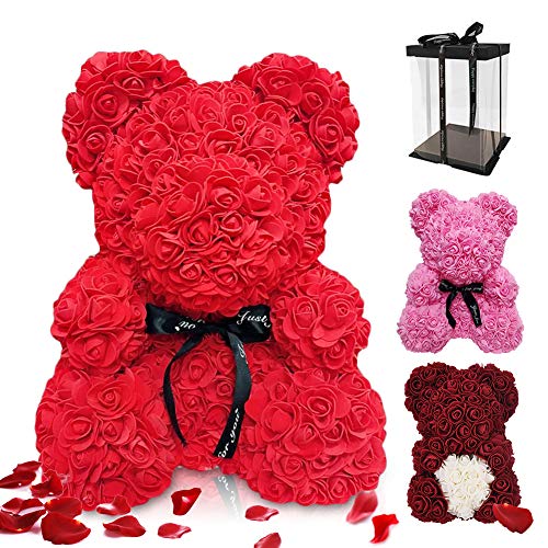 Regalo de Oso Rosa, ASANMU Oso de Flores Artificiales Oso de Peluche Rosa Creativo con Caja Oso Rosa Foam 25cm Regalos para San Valentín/Cumpleaños/Aniversario Regalo para Mamá/Madres/Mujer (Rojo)