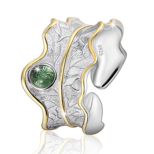 ♥ Regalo para Navidad♥ JIANGYUYAN S925 anillos de plata esterlina anillo de hoja ajustable natural hecho a mano único regalo de joyería de moda para mujeres y niñas(Green)