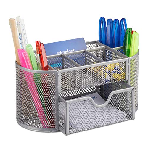 Relaxdays Organizador de Escritorio Grande con 9 Compartimentos, Metal, Plateado, 10.5 x 22 x 11 cm Relaxdays Organizador de Escritorio Grande con 9 Compartimentos, Metal, Plateado, 10.5 x 22 x 11 cm