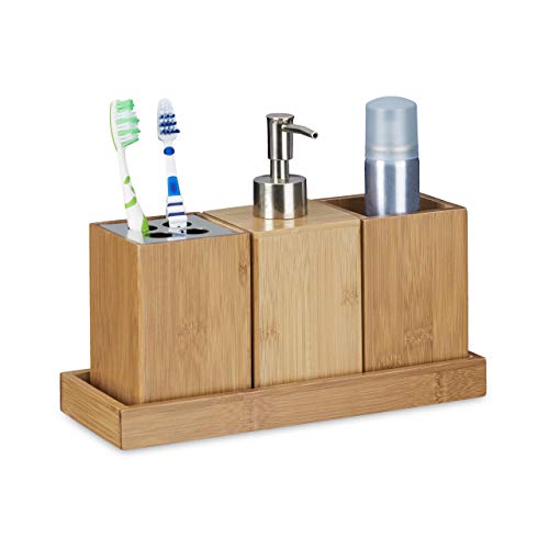 Relaxdays – Set Conjunto de 4 Piezas para el Cuarto de baño, bambú, 18.5 x 25 x 10.5 cm, Soporte de Cepillo de Dientes, dispensador de jabón, Vaso, Natural, Color Natural