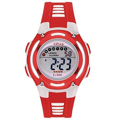 Reloj Digital para Niña Niño,Chicos Chicas Impermeabl Deportes al Aire Libre LED Multifuncionales Relojes de Pulsera con Alarma (Rojo)