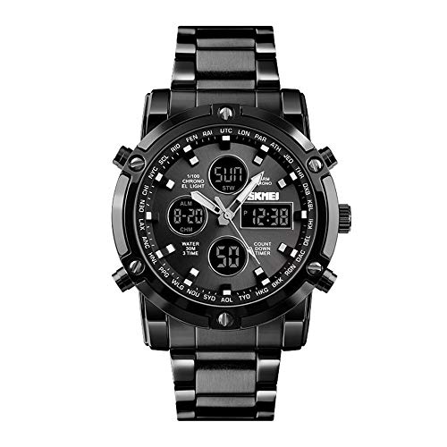 Relojes Hombre Analógico-Digital Cronómetro Relojes Calendario Alarma Relojes Deportivo LED Acero Inoxidable, Negro