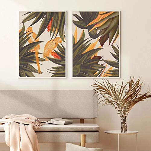 Resumen de patrones sin fisuras con coloridas hojas tropicales beige carteles artísticos de pared impresiones Interior sala de estar decoración del hogar 21x30cmx2 sin marco