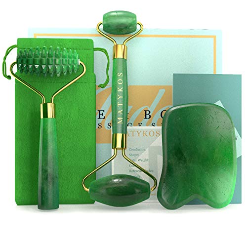 Rodillo certificado de Jade para la cara y Gua Sha Cuidado de la Piel Herramientas por Matykos - certificados verdes Xiuyan Piedras - Anti Aging productos de masaje para drenaje linfático y arrugas