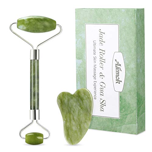 Rodillo de Jade, Aiemok Facial Masaje Piedra Gua Sha Jade, Natural Jade Roller Antienvejecedor Belleza Natural Dispositivo Herramienta Rejuvenece La Piel De La Cara Cuello y Cuerpo, Piel Que Aprieta