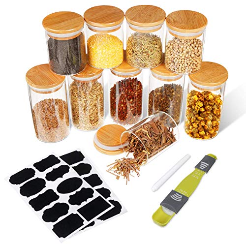 SAWAKE 10pcs Pequeños Tarros de Vidrio de Almacenamiento(5pcs 250 ml+5pcs 350 ml) Botes de Cristal con Tapa de Bambú&Anillo de Silicona, Recipientes Herméticos Especia,Azúcar,Té,Frijoles,Nuece