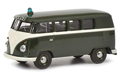 Schuco 452015400 VW T1 Bus Policía 1:64, Verde Oscuro, Blanco, Escala