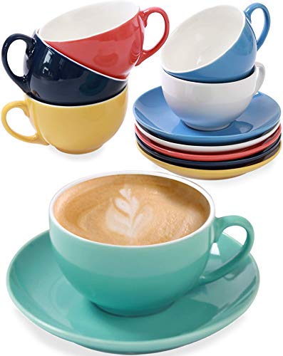 Set de 6 Tazas de Capuchino con Platos - 180ml - Ceramica de Colores - Con Caja de Regalo - Mantienen el Café Caliente