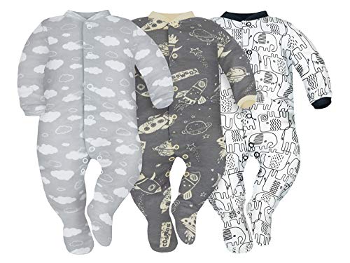 Sibinulo Niño Niña Pijama Bebé Pelele de ABS Pack de 3 Nubes, Cosmos y Elefantes Negros 92(18-24 Meses)