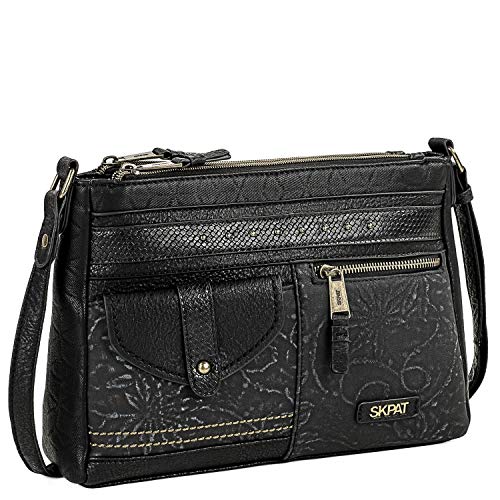 SKPAT - Bolso de Mujer Bandolera Ajustable. Bolsillos Delante y Detrás con Cremallera. Piel Sintética con Relieves y Texturas Florales Denim Casual. Ideal para Uso Diario 304633, Color Negro SKPAT - Bolso de Mujer Bandolera Ajustable. Bolsillos Delante y Detrás con Cremallera. Piel Sintética con Relieves y Texturas Florales Denim Casual. Ideal para Uso Diario 304633, Color Negro
