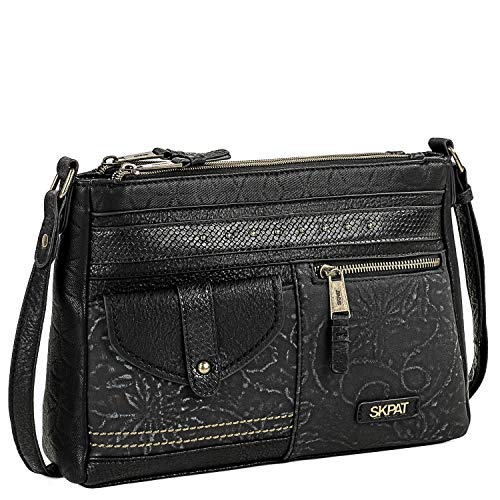 SKPAT - Bolso de Mujer Bandolera Ajustable. Bolsillos Delante y Detrás con Cremallera. Piel Sintética con Relieves y Texturas Florales Denim Casual. Ideal para Uso Diario 304633, Color Negro