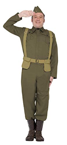 Smiffys-22132L Disfraz de Soldado Raso del Cuerpo de Voluntarios de la 2a Guerra Mundial, Pantalones, espinilleras, Chaqueta, Gorra y cinturón arnés, Color Verde, L-Tamaño 42"-44" (Smiffy'S 22132L)