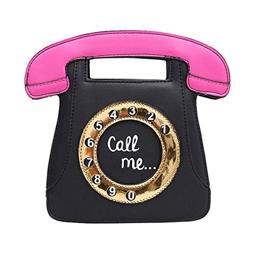 SODIAL Bolsa de Cruzado Cuerpo de Mujer Retro en Forma de telefono Monedero Clutch de Cuero de PU Bolsa de Cadena (Negro + Rosado)