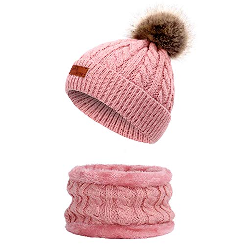 Sombrero Caliente de Punto Niños Niñas Invierno Set de Beanie Gorro de Punto con Pompon, Guantes y Bufanda Forro Polar, 3 Piezas, para Niños Niñas Kids 3-5 Años (Rosa)