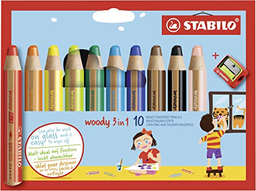 STABILO Woody 3 en 1 Lápiz multitalento - Estuche con 10 colores y sacapuntas