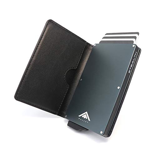 STEALTH WALLET Minimalista Portatarjetas RFID - Carteras de Tarjetas de Crédito Metálicas Delgadas y Livianas con Protección de Bloque NFC (Gris con Cuero Negro)