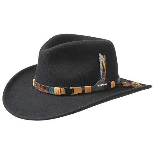 Stetson Sombrero VitaFelt Kingsley Hombre - Made in USA Banda de Plumas Indio equitación del Oeste con Piel Verano/Invierno - M (56-57 cm) Negro