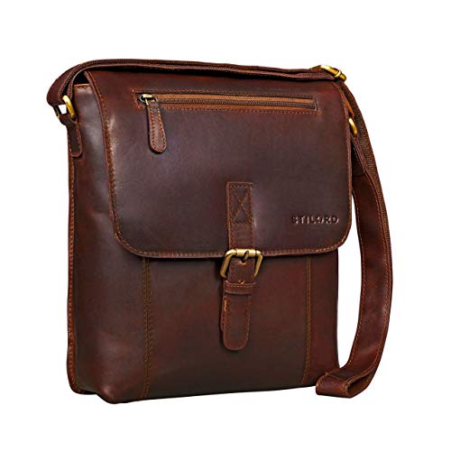 STILORD 'Matthias' Bolso Bandolera Mediano para Hombres de Piel Vintage Bolso Mensajero o de Hombro Cruzado para Tablet de 10.1' de auténtico Cuero de Vaca, Color:Cognac marrón Oscuro