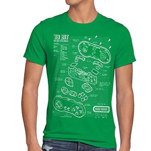 style3 16 bit Gamepad Cianotipo Camiseta para Hombre T-Shirt, Talla:S, Color:Verde