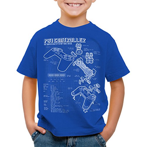 style3 PS1 Controlador Cianotipo Camiseta para Niños T-Shirt Videojuego videoconsola Classic Gamer, Color:Azul;Talla:140