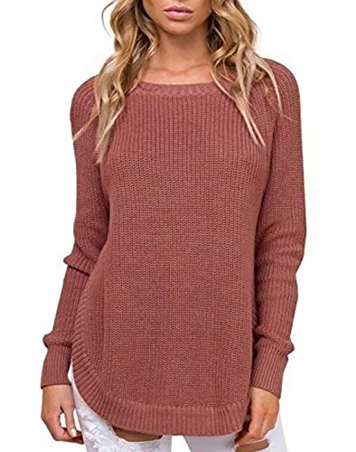 Sudaderas Mujer Manga Larga Cuello Redondo Abiertas Hem De Basic Punto Pullover Elegantes Moda Anchas Informales Colores Sólidos Sweater Pullover Punto Otoño Invierno Ropa (Color : Rojo, Size : M)