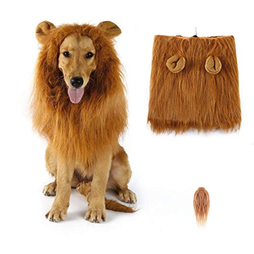 SUNREEK Dog Lion Mane, Lion Mane Wig Costumes for Medium to Large Sized Dog with Ears & Tail, Fancy Lion Hair for Halloween Costume Holiday Photo Shoots Party Festival Occasion