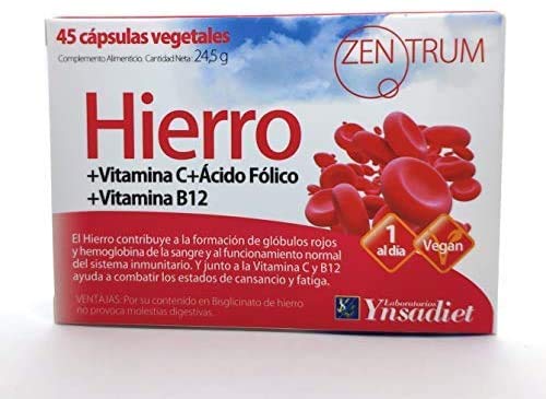 SUPLEMENTO DE HIERRO CON ÁCIDO FÓLICO | HIERRO CON VITAMINA C Y VITAMINA B12 |1 CÁPSULA AL DÍA – 45 CÁPSULAS VEGETALES | APTO PARA VEGANOS | ZENTRUM 90