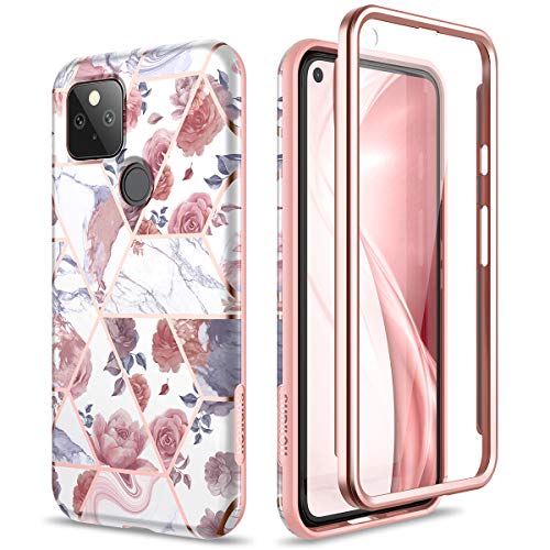 SURITCH Compatible for Google Pixel 5 Case (2020 Release) Full-Body Rugged Hard Case with Built-In Screen Protector Shockproof Bumper Case for Google Pixel 5 - Marble Rose