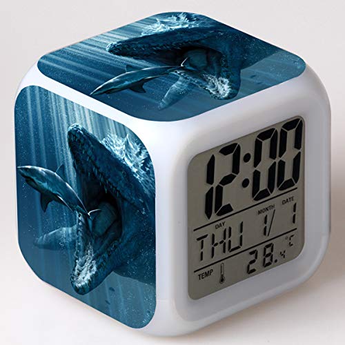 SXWY Jurassic World Alarm Clock Reloj Despertador Digital, Jurassic Park Luces de Colores Mood Alarm Clock Reloj Cuadrado Disponible USB Carga Adecuada para niños y niñas niños,01