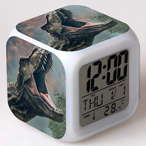 SXWY Jurassic World Alarm Clock Reloj Despertador Digital, Jurassic Park Luces de Colores Mood Alarm Clock Reloj Cuadrado Disponible USB Carga Adecuada para niños y niñas niños,02