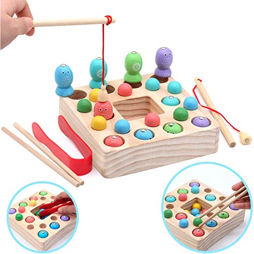 Symiu Juguetes de Pesca para Niños 3 IN 1 Montessori Magneticos Juguetes Madera 10 Pescados y 10 Bolas Puzzle Juegos de Mesa Educativos Regalos para Niños 3 4 5 6 Años