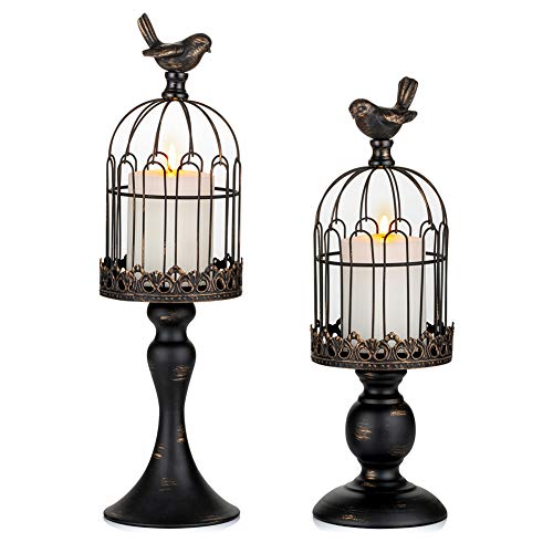 Sziqiqi Vintage Bird Cage Candelabro Metálico Linterna Conjunto de 2 Decorativos Shabby Chic Candelabros Adornos para Pilar Vela Mesa de Centro de Mesa Boda Boda Chimenea Decoración