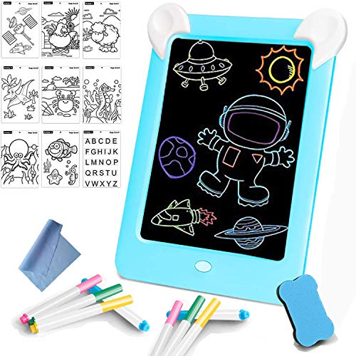 Tableta de Dibujo Pizarra 3D Mágica con Luces LED Educativo Infantil Borrable Dibujo de Graffiti Colorido Luminoso sin Papel & Marco de Fotos Regalos Juguetes para Niños(Azul)
