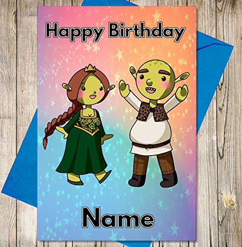 Tarjeta de cumpleaños personalizada con diseño de princesa ogro y ogro, con cualquier nombre y edad impresa en la parte delantera.