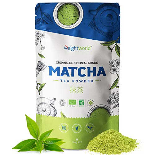 Té Matcha Orgánico Ceremonial Japones | Matcha Tea 100 gr, Polvo de Té 100% Natural, Detox Adelgazante, Aumenta Energía, Metabolismo, Potente Antioxidante Rico Vitamina A, K y E, Sin Gluten, Vegano