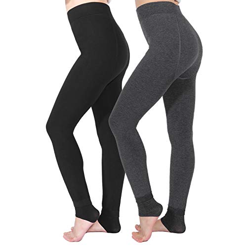 Tencoz Leggins Termicos Mujer, Leggins Invierno Mujer Leggings Invierno 2 Pack, Leggings Cintura Alta Elástico con Suave y Confortable Forro Polar para Deportes y Ocio, Negro + Gris, Talla única