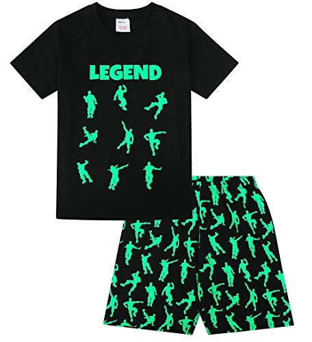 The PyjamaFactory - Pijama corto de algodón para niños, con palabra Legend y dibujos de baile y juego, color negro y verde Negro Negro ( 9-10 Years