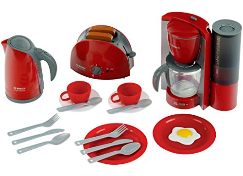 Theo Klein 9564 Set de desayuno Bosch, Set de cocina formado por tostadora, cafetera, hervidor de agua y mucho más, Medidas del embalaje: 44.5 cm x 13 cm x 34 cm, Juguete para niños a partir de 3 años