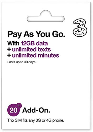 Three UK All-in-One 20+ PAYG Trio SIM Card -3000 Minutes, 3000 Texts + 12GB Data + Free International Calling Card - (Love2surf Retail Pack)