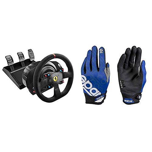 ThrustMaster T300 Ferrari Integral Alcantara Edition - Volante para PS4/PS3/PC, Force Feedback, 3 Pedales, Licencia Oficial Ferrari + Sparco 002093AZ3L Guantes, Azul, L