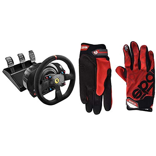 ThrustMaster T300 Ferrari Integral Alcantara Edition - Volante para PS4/PS3/PC, Force Feedback, 3 Pedales, Licencia Oficial Ferrari + Sparco 002093RS2M Guantes, Rojo, M