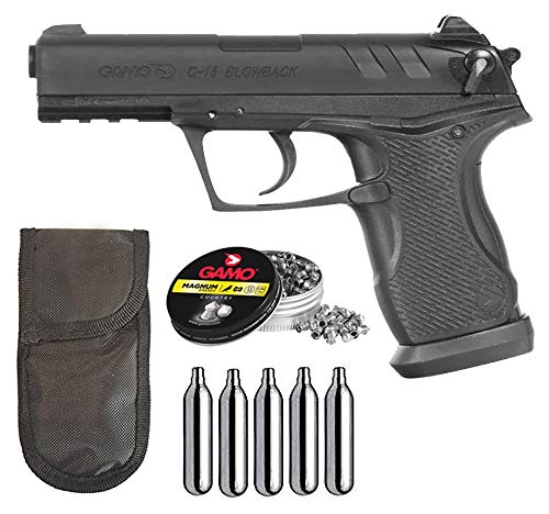 Tiendas LGP - Gamo - Pack Pistola Gamo C-15 Blowback - Arma de Aire comprimido Potencia de 3,5 Julios, 4,5 mm, Velocidad de Salida 138 m/s. + 5 Bombonas CO2 + Funda Portabombonas + 250 Balines