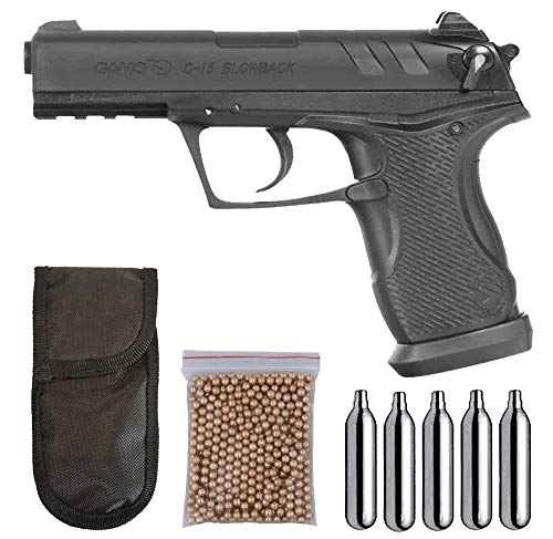 Tiendas LGP - Gamo - Pack Pistola Gamo C-15 Blowback - Arma de Aire comprimido Potencia de 3,5 Julios, 4,5 mm, Velocidad de Salida 138 m/s. + 5 Bombonas CO2 +Funda Portabombonas + 500 BBS