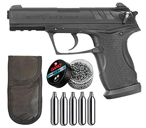 Tiendas LGP - Gamo - Pack Pistola Gamo C-15 Blowback - Arma de Aire comprimido Potencia de 3,5 Julios, 4,5 mm, Velocidad de Salida 138 m/s. + 5 Bombonas CO2 +Funda Portabombonas + 500 Bolas Acero