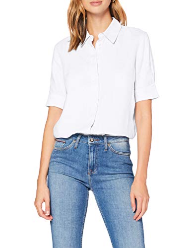 Tommy Hilfiger Essential C Camisa con Mangas con Dos Botones, Blanco (White), 36 EU para Mujer