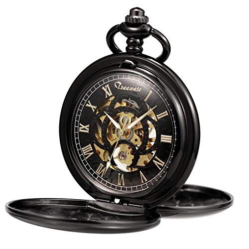 TREEWETO - Reloj de bolsillo unisex con cadena, analógico, bisagra doble, grabado, color negro